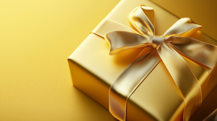 Golden gift box wrapped with shiny ribbon on yellow background with copy space