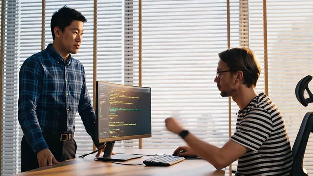 Two men working on computer code