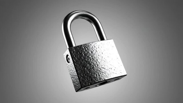A silver padlock with a textured surface is centered against a gradient gray background