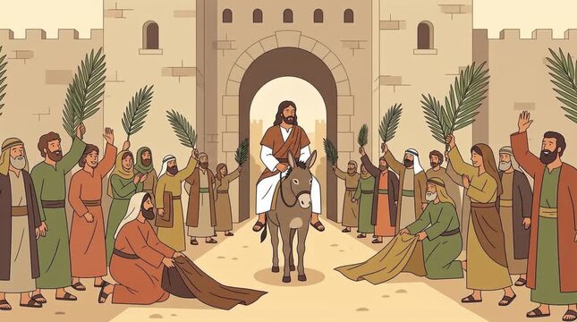 Jesus rides a donkey into Jerusalem with crowds waving palm branches and laying down clothes
