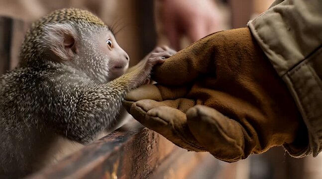 An adorable baby squirrel monkey tenderly holds onto a person's gloved finger, showing a gentle connection and trust between the tiny primate and its human caretaker