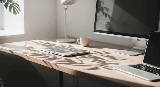 Modern home office workspace with laptop and computer