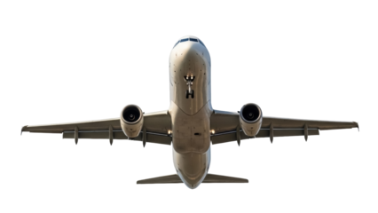 Commercial airplane isolated PNG on transparent background, passenger jet airliner in flight with engines and wings for travel and transportation
