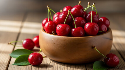 Cherry Bowl on Wooden Surface