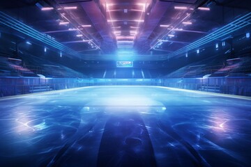 Obraz premium Empty ice hockey stadium glowing with futuristic blue and purple neon lighting