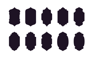 Islamic door and window silhouettes in Arabic arches. Oriental label collection. Frames with Arabic Muslim designs for Ramadan Kareem. Isolated mosque gate shapes.