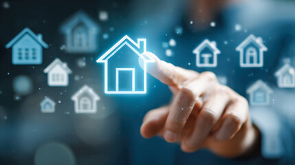 Person interacting with virtual futuristic house icons representing digital real estate technology and online property selection in a modern smart home concept