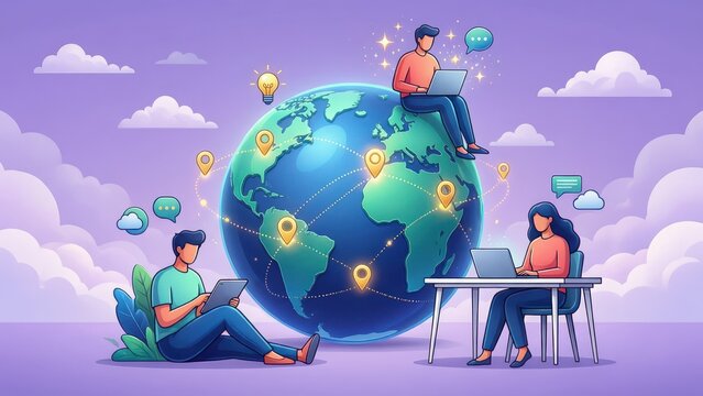 A people working around a glowing globe with devices and icons showing remote teamwork, global jobs, and outsourcing