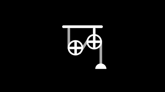 A complex pulley system with two wheels and a hanging weight demonstrates mechanical advantage and the principles of basic physics