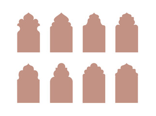 Islamic door and window shapes silhouettes, Arabic arches. Frames in Arabic Muslim designs for Ramadan Kareem. Mosque gate and window shapes