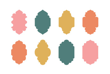 Islamic door and window colorful in Arabic arches. Oriental label collection. Frames with Arabic Muslim designs for Ramadan Kareem. Isolated mosque gate shapes.