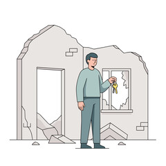 Man holding keys in front of a damaged building structure  