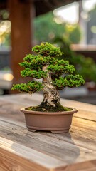 Miniature Green Bonsai Tree with Red Berries in a Brown Pot on a Wooden Table