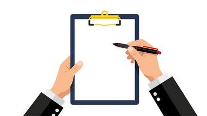 Hand holding a pen over a blank clipboard, ready for notes or signatures