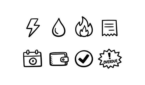 Hand-drawn icons representing utility bills, payments, and overdue notices