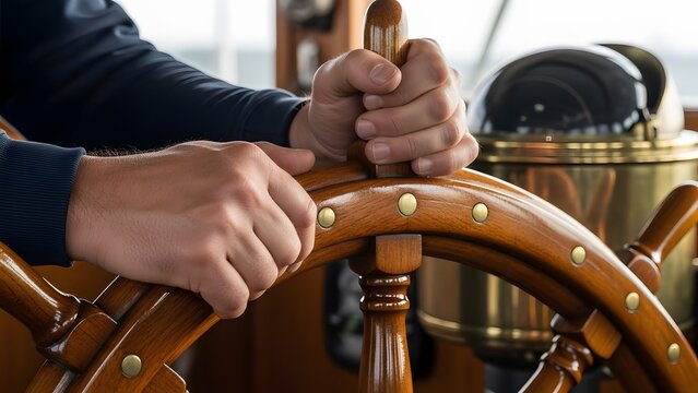 Sailor Hands Steering Wooden Ship Wheel on Classic Sailing Vessel at Open Sea
