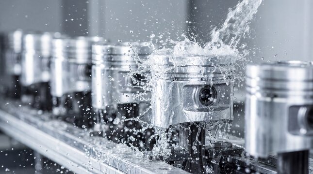 Industrial engine parts being washed with water on a production line