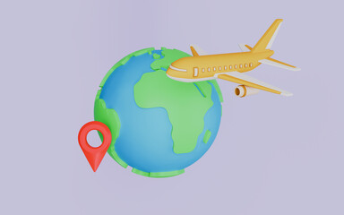Fototapeta premium World travel icon, Earth globe airplane location pin for travel booking, Global navigation concept