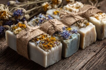 Bars of natural handmade soap decorated with dried herbs and flowers on wooden background