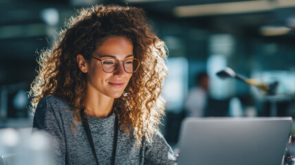 professional retail team member working in modern office, retail team reviewing product data on laptop, modern collaborative office workspace with retail staff