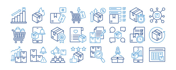 Product Demand icon collection. Containing design Rising Product Chart, Hot Product, Trending Tag, Flash Sale Demand, High Demand Graph