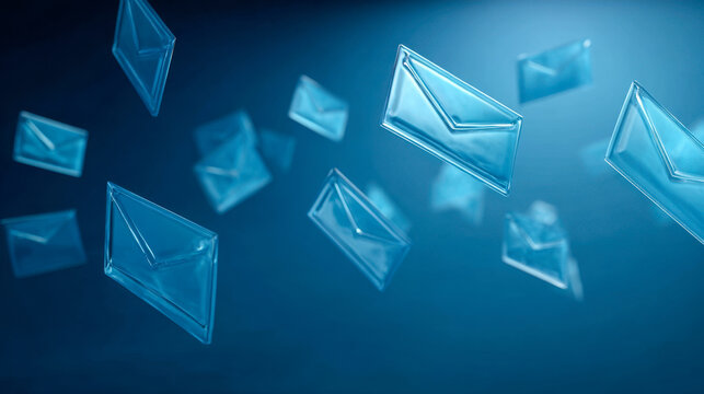 Transparent digital envelope icons floating in blue space representing secure email communication and online messaging concepts in technology background