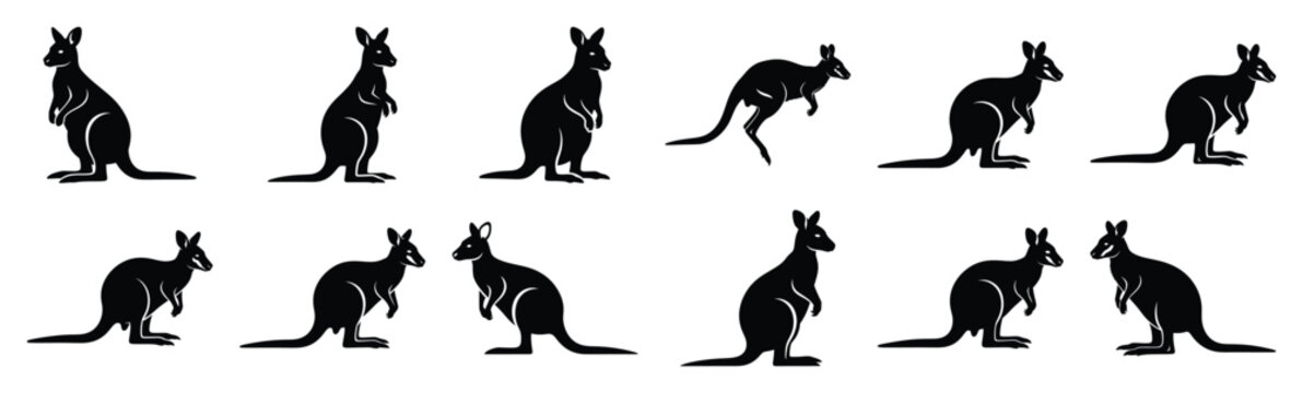 wallaby silhouette vector icon set, black clipart collection, Animal silhouette icons illustration graphic design