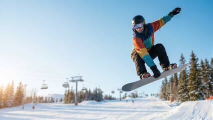Woman snowboarder jumping gracefully over snow in bright sunlight. Winter sport active recreation concept for outdoor activity.