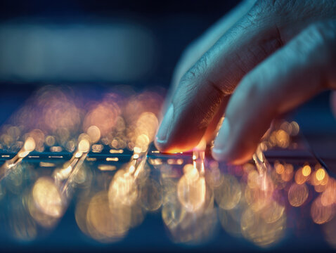 Human fingers typing on illuminated keyboard with glowing bokeh lights reflecting, symbolizing modern technology and digital communication at night - Powered by Adobe