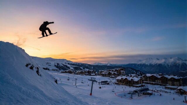 Male snowboarder performing jump at sunset over snowy mountain resort. Winter sport extreme activity and thrill for adventure.