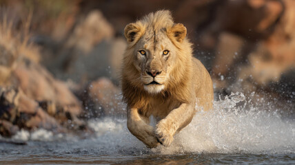 A majestic lion charges through crystal-clear water, sending shimmering splashes into the air, while golden sunlight softly refracts through the pristine atmosphere of vast, untouched wilderness.