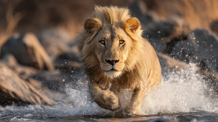 A majestic lion charges through crystal-clear water, sending shimmering splashes into the air, while golden sunlight softly refracts through the pristine atmosphere of vast, untouched wilderness.