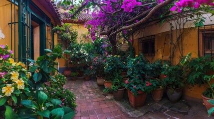 Obraz premium Step into a world where cherry blossoms dance in the gentle breeze, tulips paint the ground in vivid hues of pink, purple and yellow, and lush grass carpets every corner of the spring garden. This col