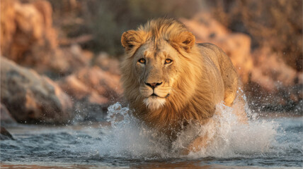 A majestic lion charges through crystal-clear water, sending shimmering splashes into the air, while golden sunlight softly refracts through the pristine atmosphere of vast, untouched wilderness.