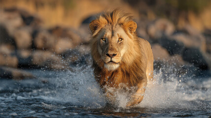 A majestic lion charges through crystal-clear water, sending shimmering splashes into the air, while golden sunlight softly refracts through the pristine atmosphere of vast, untouched wilderness.
