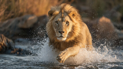 A majestic lion charges through crystal-clear water, sending shimmering splashes into the air, while golden sunlight softly refracts through the pristine atmosphere of vast, untouched wilderness.