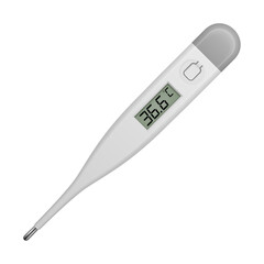 Digital medical thermometer measuring normal body temperature 36.6 degrees Celsius for healthcare check, concept of accuracy and safety, realistic vector illustration on transparent background