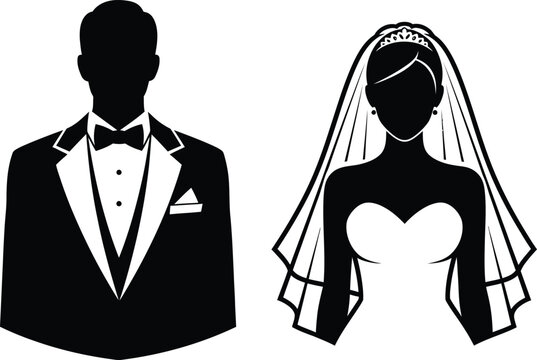 a simple black and white silhouette depicts a bride in a veil and a groom in a tuxedo symbolizing love