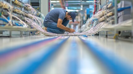 Technician managing network cables routed through floor raceways with background blurred to emphasize clean safe wiring pathways in a lab.