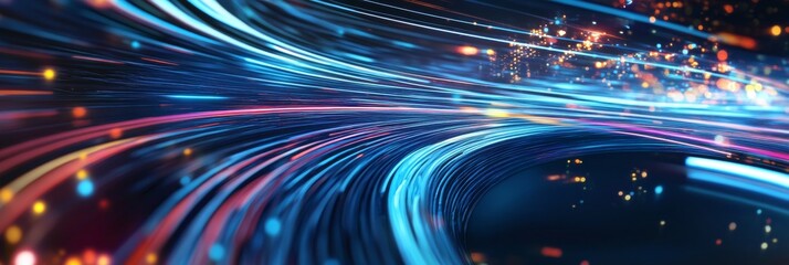 Swirls of data travel through an optical fiber on a digital highway connecting devices in modern communication networks
