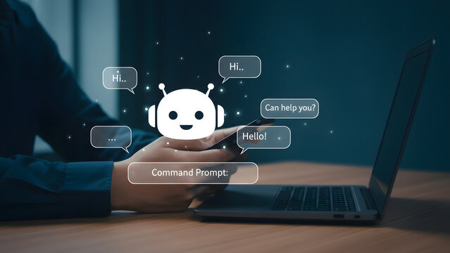 Person interacting with chatbot on smartphone with laptop nearby - Powered by Adobe