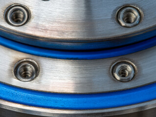 Detailed view of industrial metal flanges with bolt holes and blue rubber gaskets highlighting precision engineering and mechanical assembly components