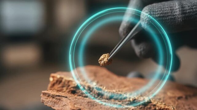 Gold nugget held by tweezers over rock with mining concept glowing circle and gloved hand extracting mineral natural gold mining exploration process