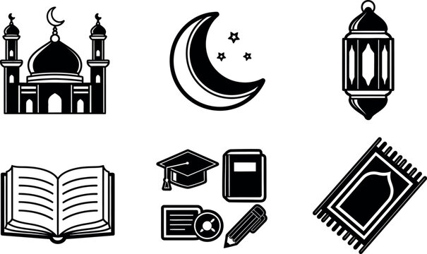 Diverse set of black and white line art vector icons representing religion education and culture elements for various designs