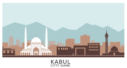 Obraz premium Kabul city skyline silhouette with mountains and iconic landmarks in flat design style
