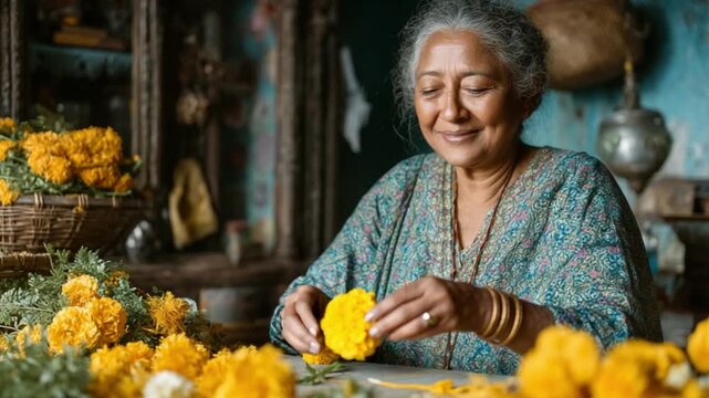 Serene Senior Woman Creating Temple Flowers for Spiritual Fulfillment