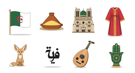 Algerian cultural symbols and landmarks illustrated in a flat design style