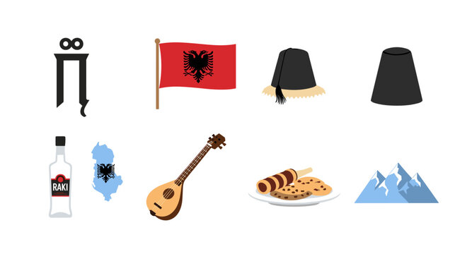 Albanian cultural symbols and landmarks collection with traditional items and national flag