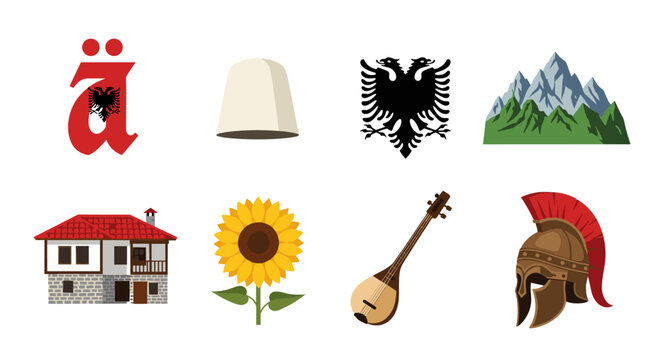 Collection of Albanian cultural symbols and landmarks, including eagle, mountains, and traditional house