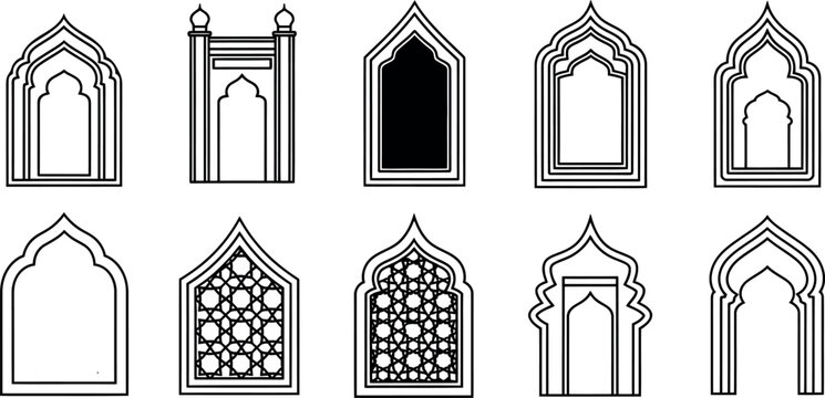 Elegant collection of Islamic Arabian arch window frames with traditional geometric patterns vector design elements for decoration